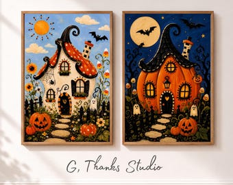 Halloween Cottage Wall Art Set of 2 | Whimsical Pumpkin House Prints | Cute Folk Art Halloween Decor | Printable Digital Download