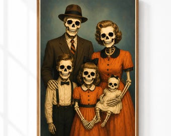 Skeleton Family Portrait Halloween Wall Art | Vintage Folk Print | Rustic Primitive Spooky Poster | Retro Autumn Decor Digital Download