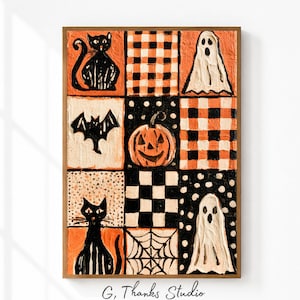 Può includere: Un dipinto rettangolare su tela che presenta una griglia di nove quadrati con immagini di Halloween. I quadrati mostrano un gatto nero, un motivo a scacchi arancione e nero, un fantasma bianco, un pipistrello nero, una zucca e una ragnatela.