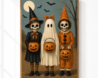 Skeleton Trick or Treaters Halloween Wall Art | Vintage Folk Print | Retro Spooky Kids Poster | Whimsical Autumn Decor Digital Download