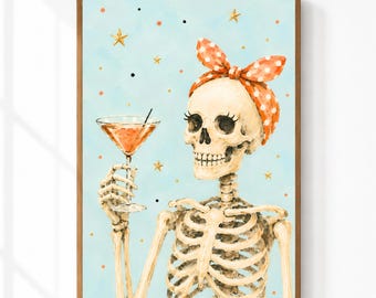 Halloween Skeleton Wall Art | Skeleton Cocktail Print | Coquette Halloween Decor | Spooky Bar Cart Decor | Digital Download
