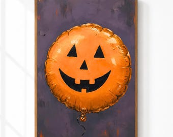 Jack O Lantern Balloon Wall Art | Vintage Halloween Decor | Moody Orange Pumpkin Print | Printable Halloween Art | Digital Download