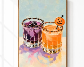 Halloween Cocktail Wall Art | Jack O Lantern Drink Print | Spooky Bar Cart Decor | Orange Purple Kitchen Artwork | Digital Download