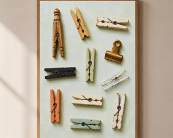 Vintage Clothespin Collection Wall Art | Laundry Room Decor | Antique Peg Illustration | Farmhouse Utility Print | Digital Download