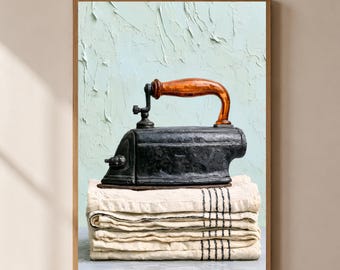 Vintage Iron Laundry Wall Art | Antique Press Printable | Farmhouse Utility Decor | Linen Room Illustration | Digital Download
