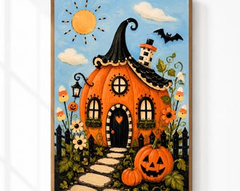 Pumpkin Cottage Wall Art | Whimsical Halloween House Print | Cute Halloween Decor | Folk Art Pumpkin House | Digital Download