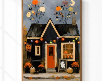 Halloween Cottage Wall Art | Cozy Haunted House Printable | Whimsical Halloween Decor | Spooky House Print | Digital Download