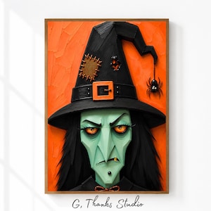 May include: A framed wall art print featuring a stylized witch with pale green skin, sharp facial features, and long black hair. The witch wears a black pointed hat with an orange buckle, a patch, and a hanging black spider against an orange background.