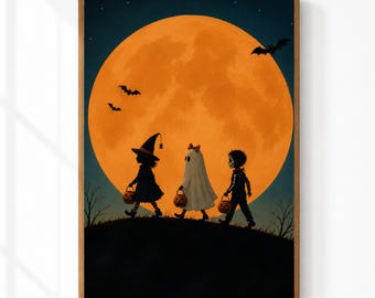 Trick or Treaters Wall Art | Halloween Harvest Moon Silhouette | Witch Ghost Skeleton Decor | Halloween Printable | Digital Download