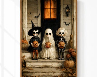 Trick or Treaters Wall Art | Folk Art Halloween Decor | Witch Ghost Skeleton Print | Vintage Halloween Printable | Digital Download