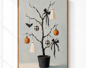 Halloween Ghost Tree Wall Art | Neutral Spooky Decor | Minimalist Pumpkin Printable | Black Bow Halloween Art | Digital Download
