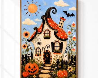 Halloween Cottage Wall Art | Whimsical Haunted House Print | Cute Pumpkin Decor | Folk Art Halloween Decor | Digital Download