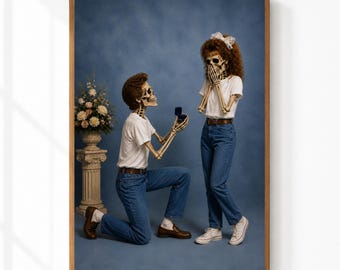 Skeleton Proposal Wall Art | Vintage Halloween Decor | Gothic Romance Print | Spooky Engagement Portrait | Printable Digital Download