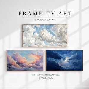 May include: Three framed cloud paintings. The top painting shows white clouds against a blue sky. The bottom left painting depicts a sunset with pink and orange clouds. The bottom right painting shows a dark blue sky with clouds.