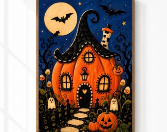 Pumpkin Cottage Wall Art | Halloween Pumpkin House Print | Whimsical Haunted Cottage Decor | Folk Art Halloween | Digital Download
