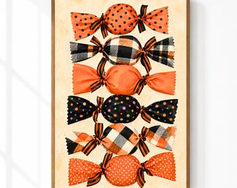 Halloween Candy Wall Art | Vintage Wrapped Candy Print | Orange Black Halloween Decor | Kitchen Coffee Bar Art | Digital Download