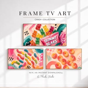 Pode incluir: Três impressões de arte emolduradas com ilustrações de doces. A impressão superior mostra ursinhos de goma, a impressão do meio minhocas de goma e a inferior donuts. O texto "FRAME TV ART" e "CANDY COLLECTION" é visível.