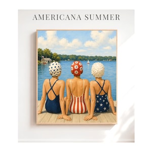 Vintage Americana Lake Simmare | Retro Badmössor Väggkonst | Nostalgisk Sommarbrygga Målning | Digital Nedladdning