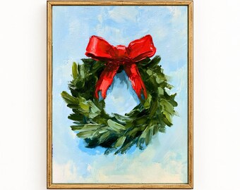 Christmas Wreath Wall Art | Red Bow Christmas Print | Holiday Wall Decor | Christmas Printable Art | Winter Wall Art | Digital Download