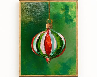 Striped Christmas Ornament Wall Art | Vintage Red & Green Bauble Print | Retro Christmas Printable | Digital Download