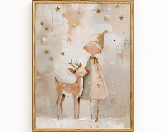 Christmas Elf and Reindeer Wall Art | Whimsical Holiday Print | Neutral Nursery Decor | Digital Download