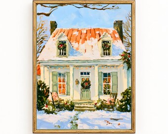 Christmas Cottage Wall Art | Snowy Holiday House Print | Cozy Winter Home Decor | Traditional Festive Printable