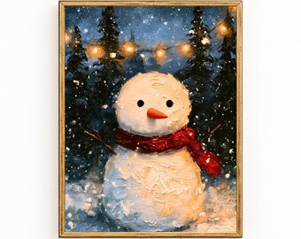 Christmas Snowman Wall Art | Snowy Winter Painting | Cozy Holiday Decor | Whimsical Festive Printable | Digital Download