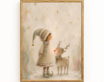 Christmas Elf & Reindeer Wall Art | Whimsical Holiday Nursery Print | Neutral Winter Decor | Digital Download
