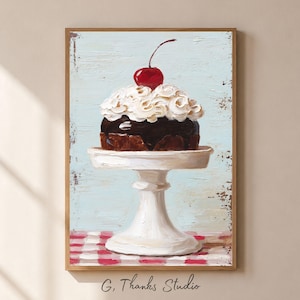 May include: A framed painting of a cupcake on a white pedestal. The cupcake has a dark chocolate base, white frosting, and a red cherry on top. The background is light blue with a red and white checkered tablecloth.