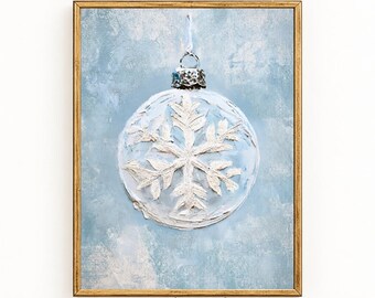 Snowflake Christmas Ornament Wall Art | Blue Christmas Printable | Vintage Glass Ornament Holiday Decor | Digital Download