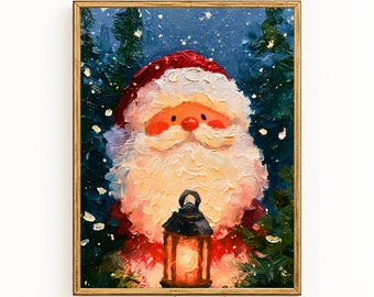 Santa Claus Christmas Wall Art | Glowing Lantern Painting | Snowy Forest Holiday Decor | Cozy Vintage Printable | Digital Download