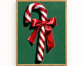 Candy Cane Wall Art | Red Bow Christmas Printable | Preppy Holiday Decor | Digital Download