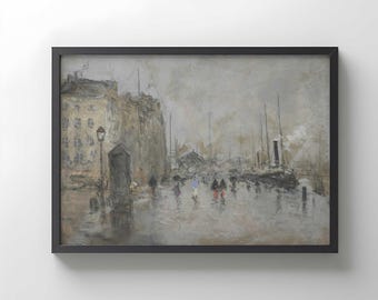 May include: A framed painting depicting a rainy harbor scene with muted gray and beige tones. The artwork features tall buildings, a street lamp, and several figures walking along a wet quay. Several ships are docked in the background.