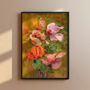Puede incluir: Pintura al óleo enmarcada que representa un ramo de flores en tonos rosa, naranja y amarillo. La obra de arte tiene un estilo texturizado e impresionista con pinceladas visibles, sobre un fondo dorado cálido.