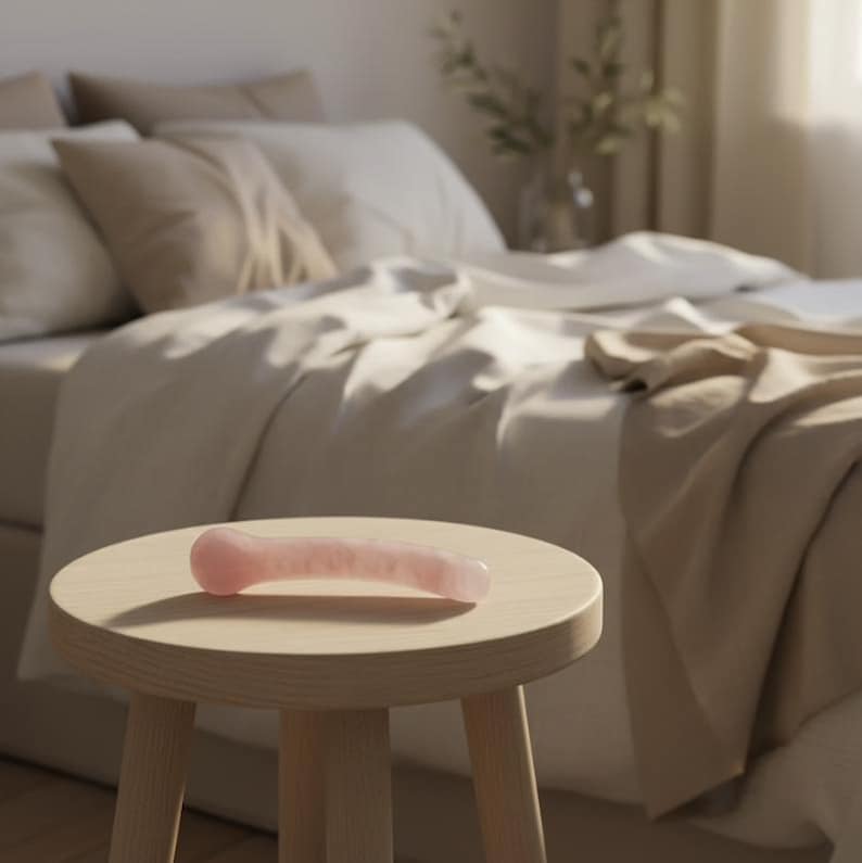 Puede incluir: Una herramienta de masaje facial de cuarzo rosa, de color rosa, descansa sobre un peque&ntilde;o taburete redondo de madera. La herramienta tiene una forma lisa y curvada. El fondo presenta una cama con ropa de cama de tonos neutros.