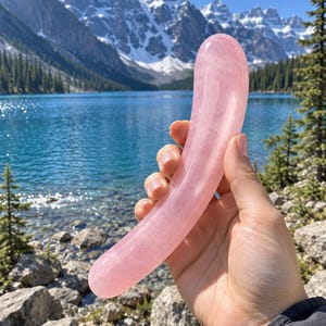 May include: A smooth, curved, cylindrical object carved from translucent light pink rose quartz. The stone has a polished, glossy finish with subtle internal variations in colour and texture, featuring a rounded tip and a slightly tapered base.