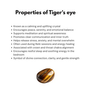 May include: A polished tiger's eye gemstone with brown and gold bands, displayed on a white background. The text "Properties of Tiger's eye" is at the top, with a list of its purported benefits.
