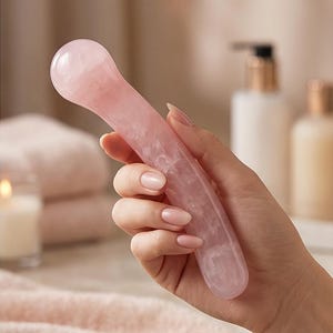 May include: A pink rose quartz massage tool with a rounded head and curved handle. The tool is held in a hand with manicured nails, suggesting a focus on self-care and wellness. The background includes soft, neutral tones.