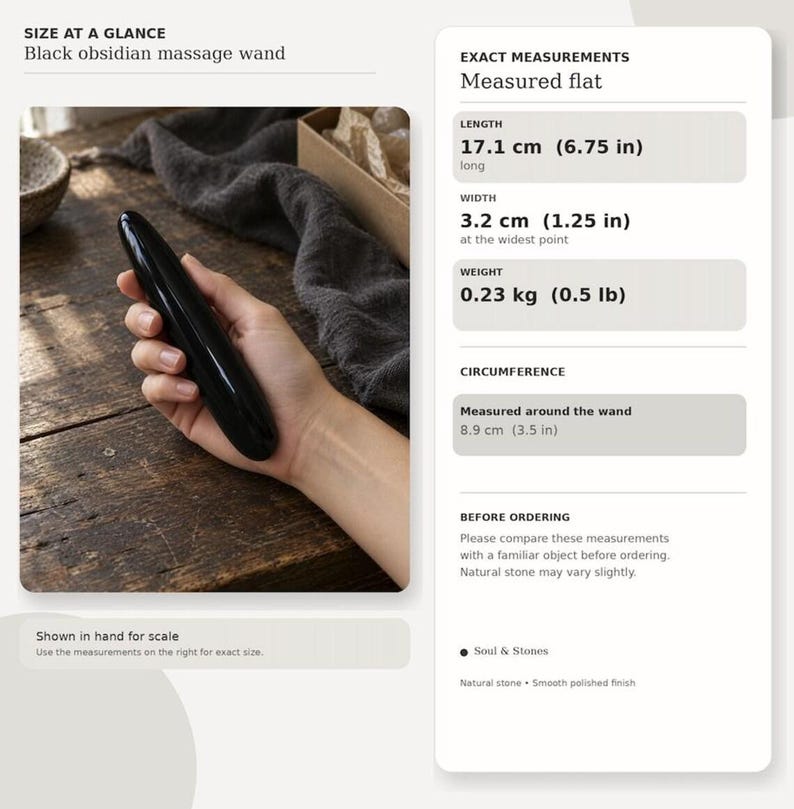 May include: A smooth, polished black obsidian massage wand. The text indicates a length of 6.75 inches, a width of 1.25 inches, a weight of 0.5 pounds, and a circumference of 3.5 inches. The product is labeled as Soul & Stones.