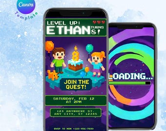 Animated Pixel Gamer Birthday Invitation, Kids Video Evite (Canva Template)