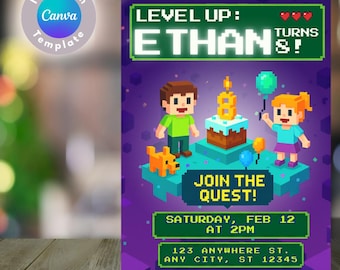 Pixel Gamer Birthday Invitation Template | Editable Canva Card (Digital Download)