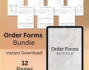 May include: A bundle of 12 order forms, including T-shirt, can cooler, mug, and phone grip forms. The forms are displayed on a light brown background, with the words "Order Forms Bundle" and "instant Download!" visible.