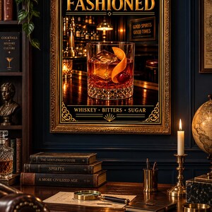 K&ouml;nnte beinhalten: Ein rechteckiges gerahmtes Wandbild mit dem Text OLD FASHIONED oben und WHISKEY BITTERS SUGAR unten. Das zentrale Bild zeigt ein Glas Whiskey mit einem gro&szlig;en Eisw&uuml;rfel, einer Orangenschale und einer Kirsche auf einer Bartheke.