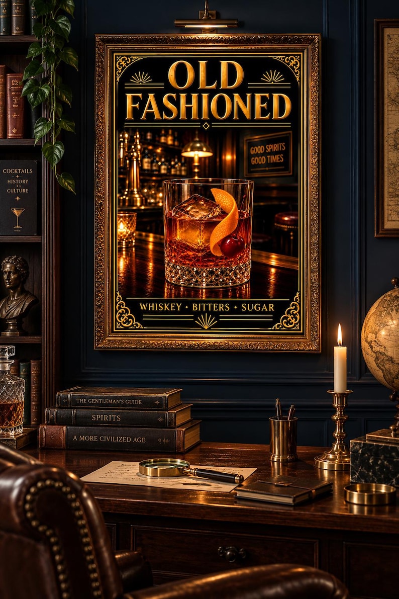 K&ouml;nnte beinhalten: Ein rechteckiges gerahmtes Wandbild mit dem Text OLD FASHIONED oben und WHISKEY BITTERS SUGAR unten. Das zentrale Bild zeigt ein Glas Whiskey mit einem gro&szlig;en Eisw&uuml;rfel, einer Orangenschale und einer Kirsche auf einer Bartheke.