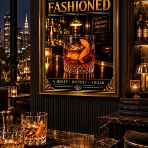 K&ouml;nnte beinhalten: Ein gerahmter Wandkunstdruck mit dem Text OLD FASHIONED, GOOD SPIRITS GOOD TIMES und WHISKEY BITTERS SUGAR. Das Bild zeigt ein Kristallglas gef&uuml;llt mit bernsteinfarbener Fl&uuml;ssigkeit, Eis, einer Kirsche und einer Orangenschale auf einer Bar.