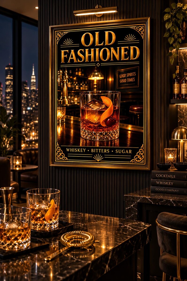 K&ouml;nnte beinhalten: Ein gerahmter Wandkunstdruck mit dem Text OLD FASHIONED, GOOD SPIRITS GOOD TIMES und WHISKEY BITTERS SUGAR. Das Bild zeigt ein Kristallglas gef&uuml;llt mit bernsteinfarbener Fl&uuml;ssigkeit, Eis, einer Kirsche und einer Orangenschale auf einer Bar.