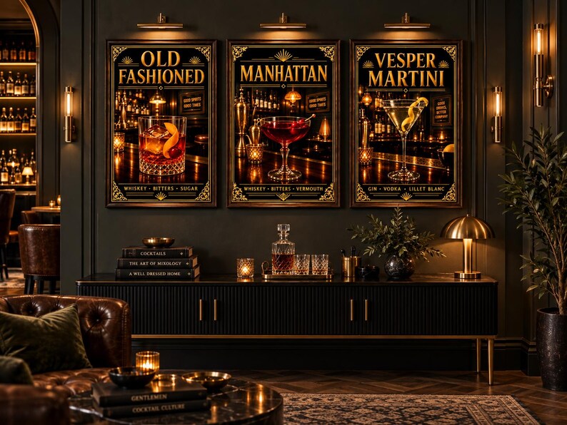 K&ouml;nnte beinhalten: Drei gerahmte Wandbilder mit Cocktail-Illustrationen, beschriftet als Old Fashioned, Manhattan und Vesper Martini. Jeder Druck zeigt ein Glas des jeweiligen Getr&auml;nks mit den darunter aufgef&uuml;hrten Zutaten vor einem dunklen Bar-Hintergrund.