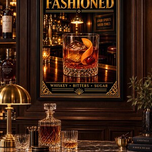 K&ouml;nnte beinhalten: Ein gerahmter Wandkunstdruck mit dem Titel OLD FASHIONED, der ein Kristallglas mit Whiskey, einem gro&szlig;en Eisw&uuml;rfel, einer Orangenzeste und einer Kirsche zeigt. Unten steht der Text WHISKEY &bull; BITTERS &bull; SUGAR vor einer Bar-Kulisse.