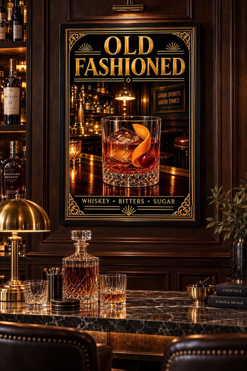 K&ouml;nnte beinhalten: Ein gerahmter Wandkunstdruck mit dem Titel OLD FASHIONED, der ein Kristallglas mit Whiskey, einem gro&szlig;en Eisw&uuml;rfel, einer Orangenzeste und einer Kirsche zeigt. Unten steht der Text WHISKEY &bull; BITTERS &bull; SUGAR vor einer Bar-Kulisse.
