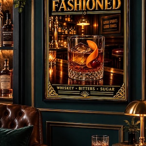 K&ouml;nnte beinhalten: Ein gerahmter Wandkunstdruck mit dem Text OLD FASHIONED oben und WHISKEY &bull; BITTERS &bull; SUGAR unten. Das zentrale Bild zeigt ein Kristallglas mit einem bernsteinfarbenen Cocktail, einem gro&szlig;en Eisw&uuml;rfel, einer Kirsche und einer Orangenschale.